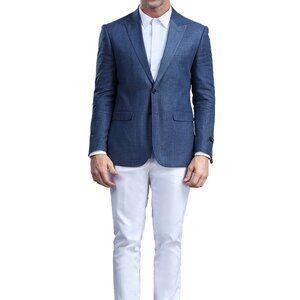 Blue Linen Peak Lapel Men's Jacket
